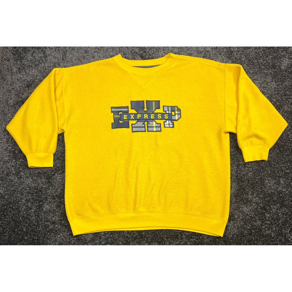 Vintage 90s Express Crewneck Sweatshirt Mens Small Yellow Plaid Embroidered Logo